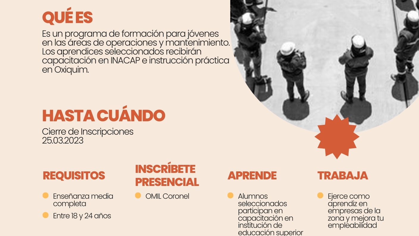 OXIQUIM abre postulaciones para su programa Aprendices 2023 en Coronel