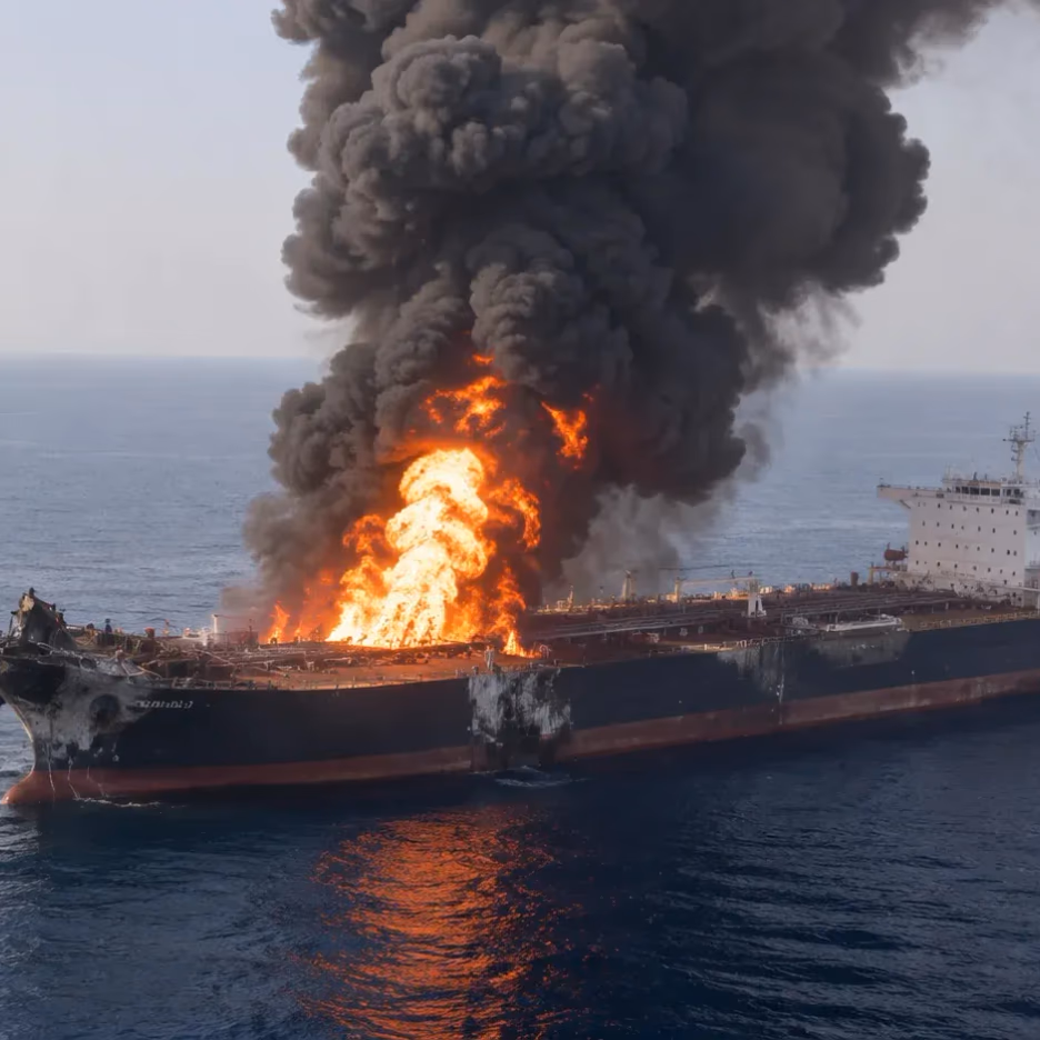 Explosión de buque petrolero en el estrecho de Ormuz tras colisión con mina naval