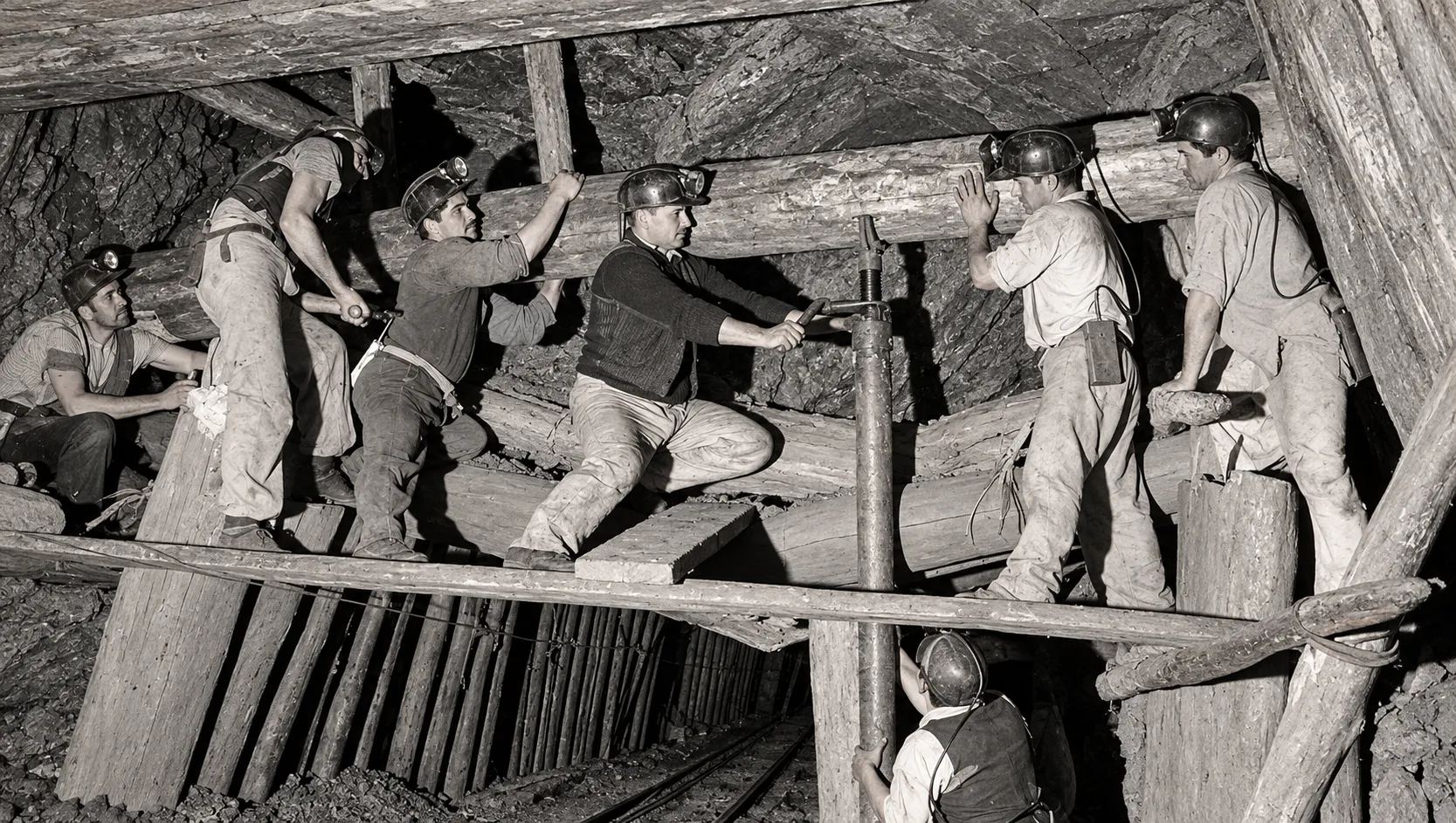 Mineros reforzando el túnel subterráneo