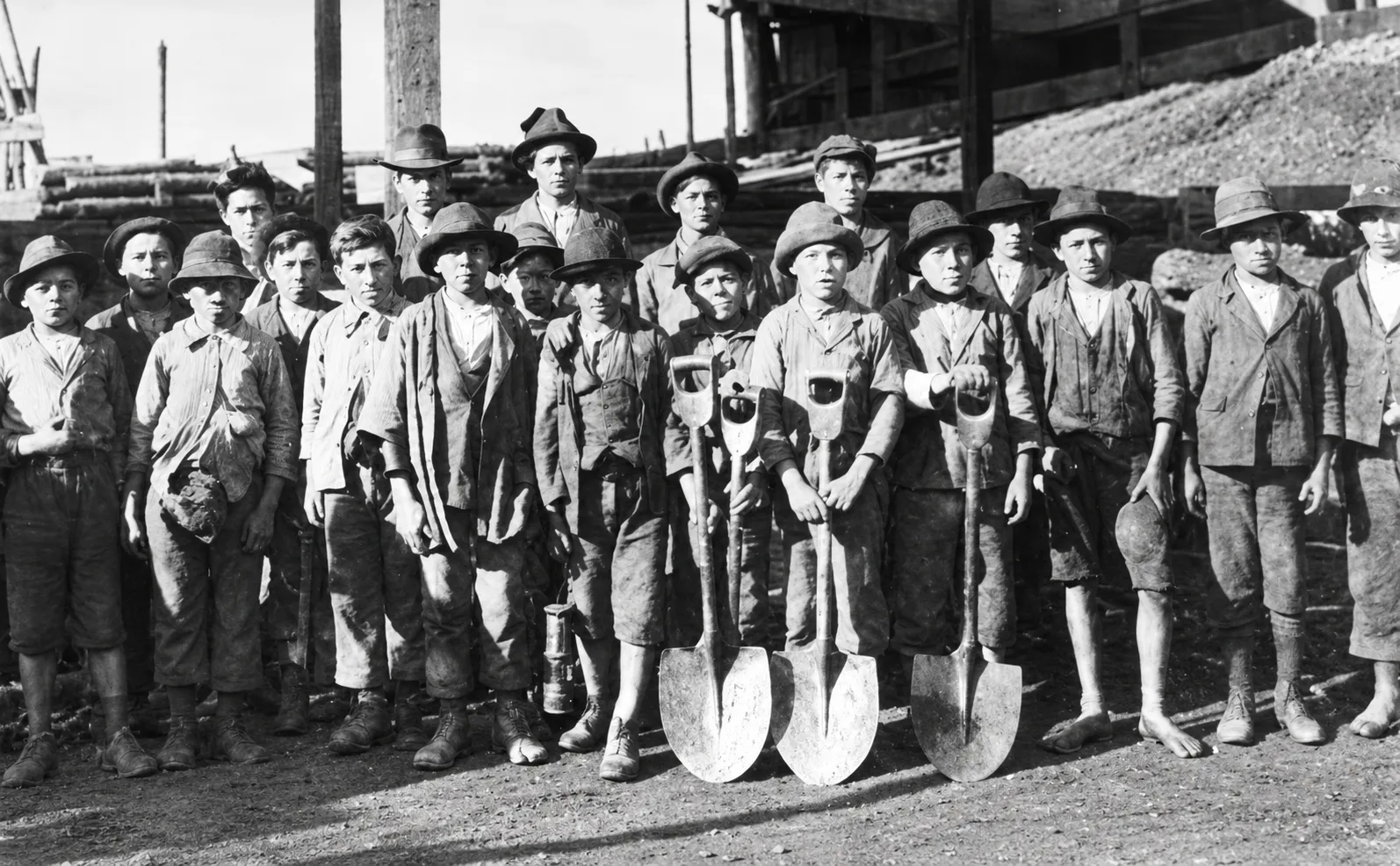 Retrato de mineros junto a palas