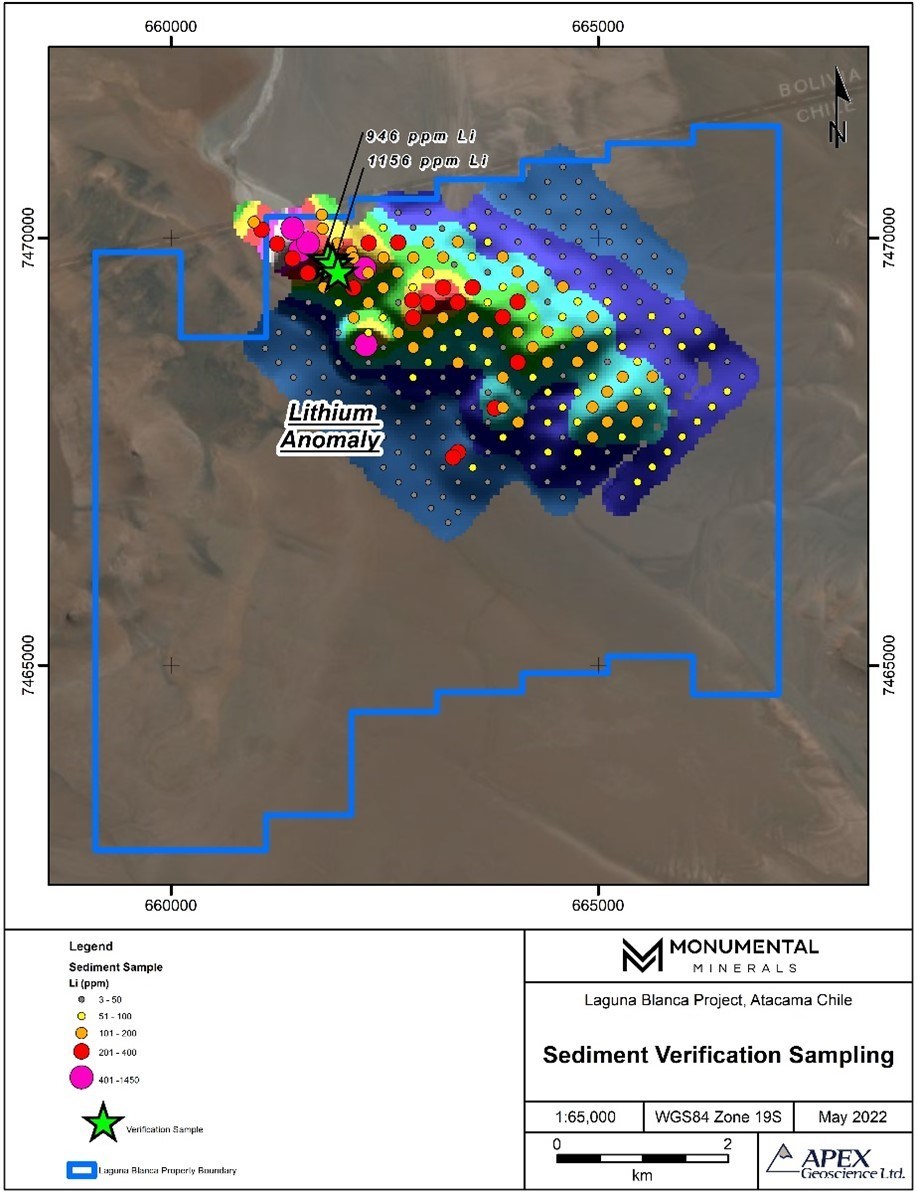 El muestreo de superficie de Monumental Minerals arroja 1160 ppm de litio y define un área de 9 km cuadrados de alto contenido de litio y cesio prospectivamente en el proyecto Laguna Blanca, Triángulo de litio, Chile