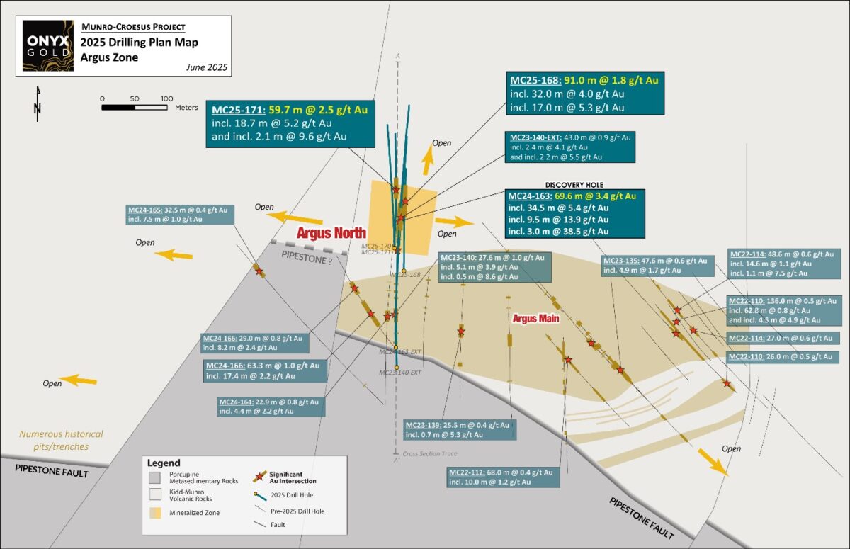 Onyx Gold intercepta 91 metros de 1,8 g/t de oro, incluidos 17 metros de 5,3 g/t de oro en el primer paso en Argus North Discovery, Proyecto Munro-Creesus Onyx Gold intercepta 91 metros de 1,8 g/t de oro, incluidos 17 metros de 5,3 g/t de oro en el primer paso en Argus North Discovery, Proyecto Munro-Creesus