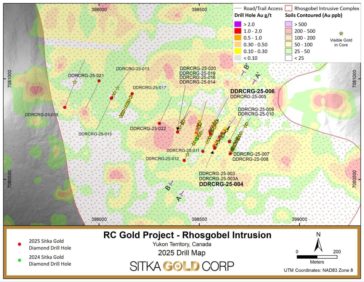 Sitka Gold crece en el descubrimiento de Rhosgobel con la intersección de 166,0 metros de 1,14 g/t de oro, incluidos 8,0 metros de 4,86 g/t de oro, desde la superficie de su proyecto de oro RC, Yukón