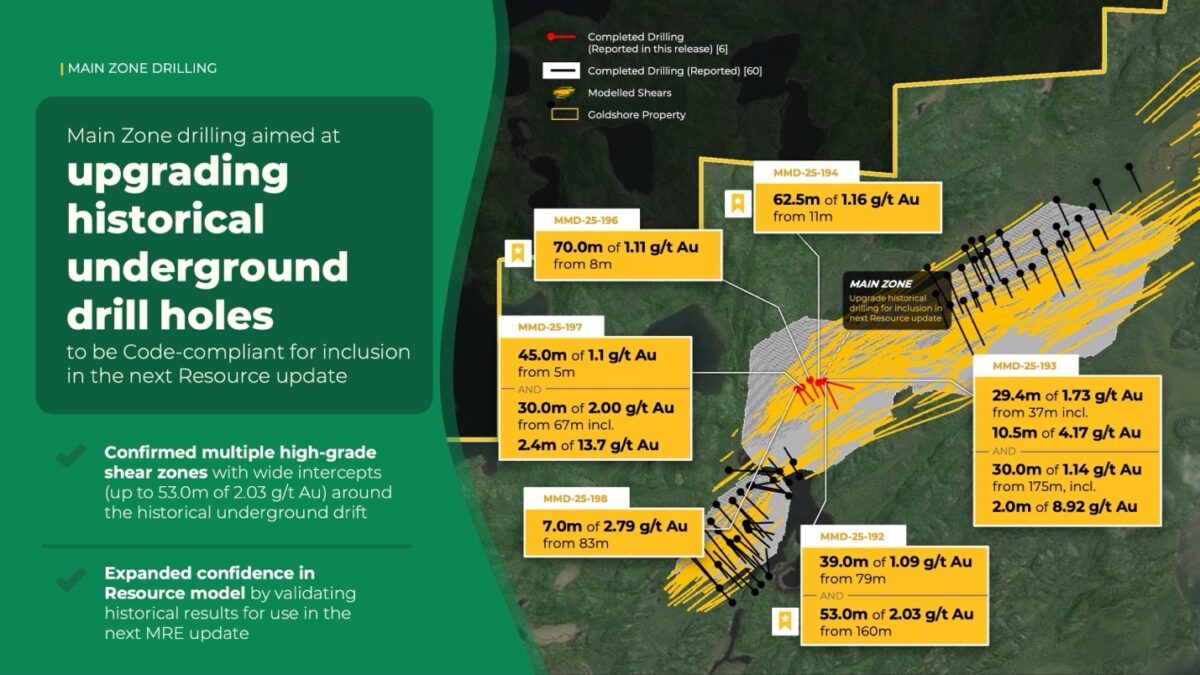 Goldshore Resources intercepta 53 m de 2,03 g/t Au desde 160 m en la Zona Principal