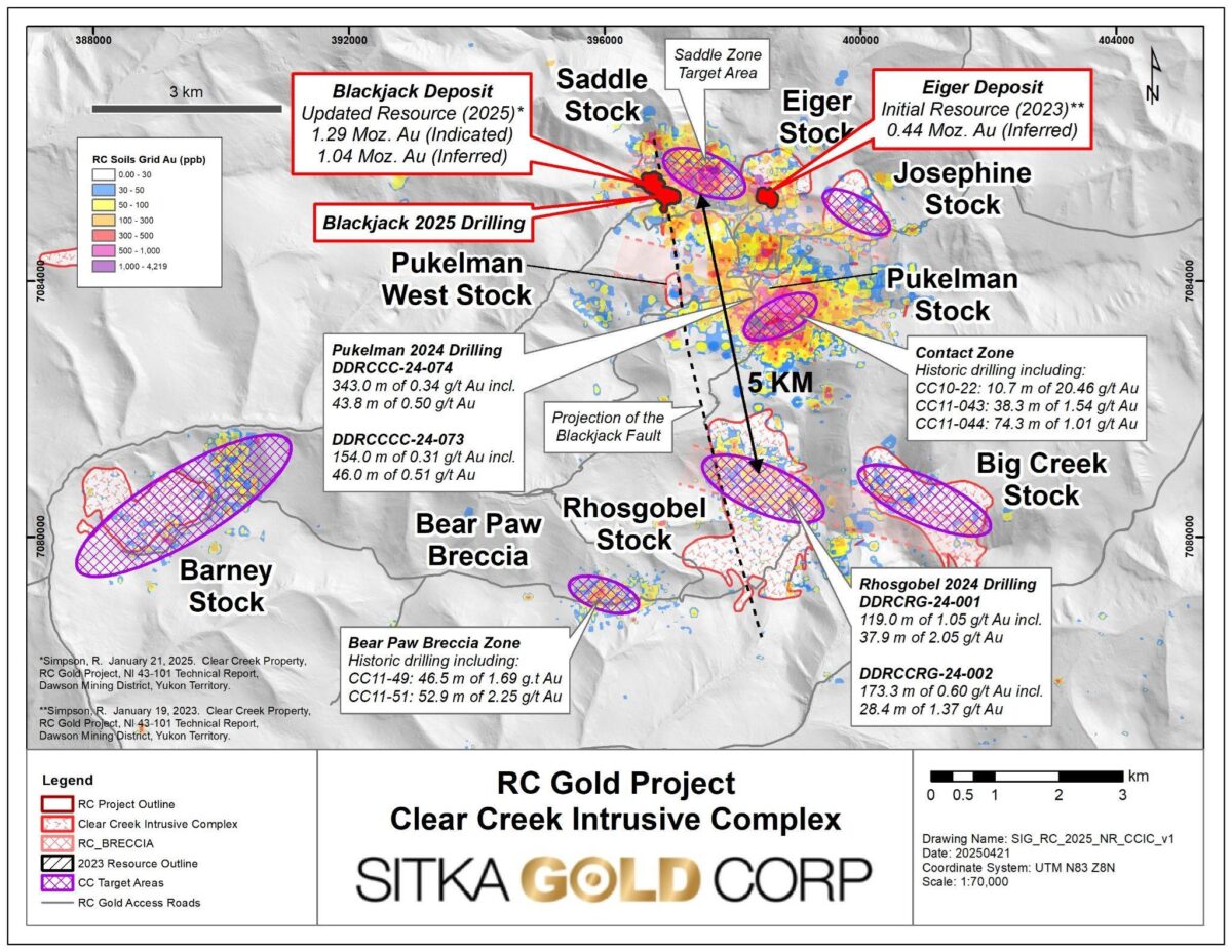 El oro de Sitka se cruza con múltiples ocurrencias de oro visible desde cerca de la superficie en seis pozos iniciales de perforación diamantina completados en la zona de contacto, Proyecto de oro RC, Yukón