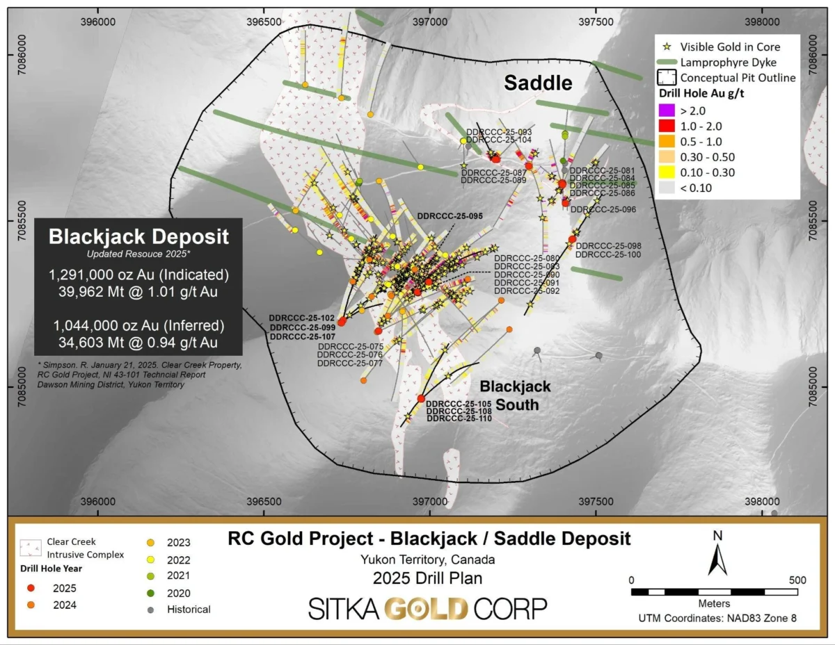 Sitka Gold perfora 172,4 metros de oro de 0,90 g/t, incluyendo 33,4 metros de oro de 2,40 g/t, en Blackjack , Yukon