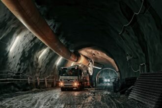 red and black truck in tunnel